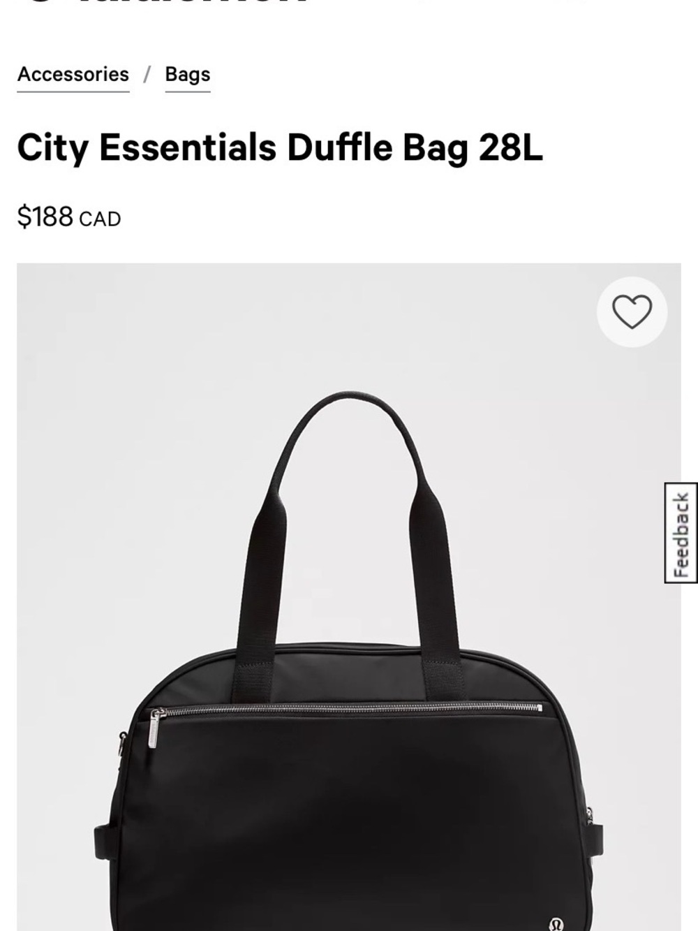 lululemon athletica City Essentials 28L Black Duffel Bag/Laptop Bag